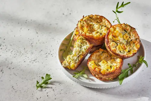 zucchini corn egg muffins on a table for breakfast